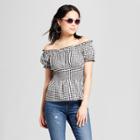 Women's Gingham Short Sleeve Smocked Waist Off The Shoulder Top - Almost Famous (juniors') Black