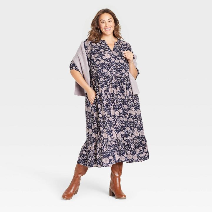 Women's Plus Size Short Sleeve Tiered Dress - Knox Rose Navy Floral