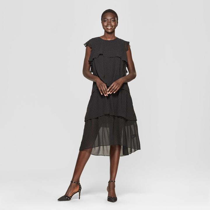 Women's Polka Dot Short Sleeve Tiered Midi Dress - Who What Wear Black/white
