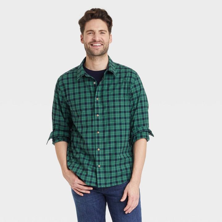 Men's Plaid Casual Fit Poplin Long Sleeve Button-down Shirt - Goodfellow & Co Jade/plaid Xxl, Green/plaid
