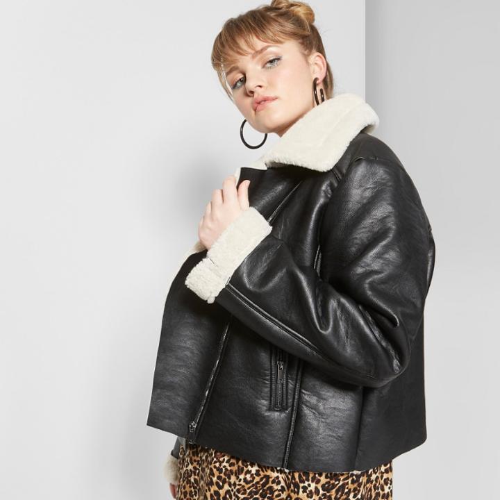 Women's Plus Size Sherpa Lined Faux Leather Moto Jacket - Wild Fable Black