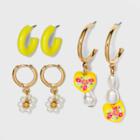 Multi Simulated Pearl Flower And Heart Trio Hoop Earrings- Wild Fable , White