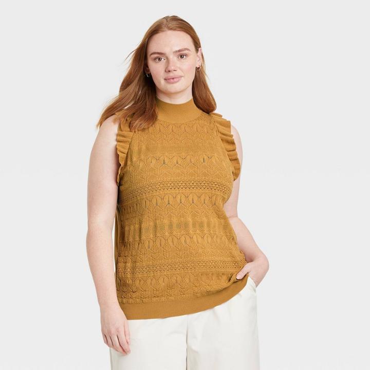 Women's Plus Size Crochet Halter Neck Sweater Vest - Who What Wear Dark Yellow