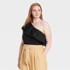 Women's Plus Size Ruffle Elbow Sleeve One Shoulder Blouse - Who What Wear Black