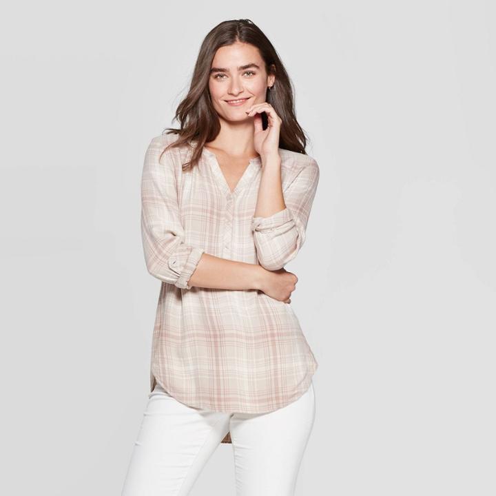 Women's Plaid Long Sleeve V-neck Rayon Twill Tunic - Universal Thread Neutral