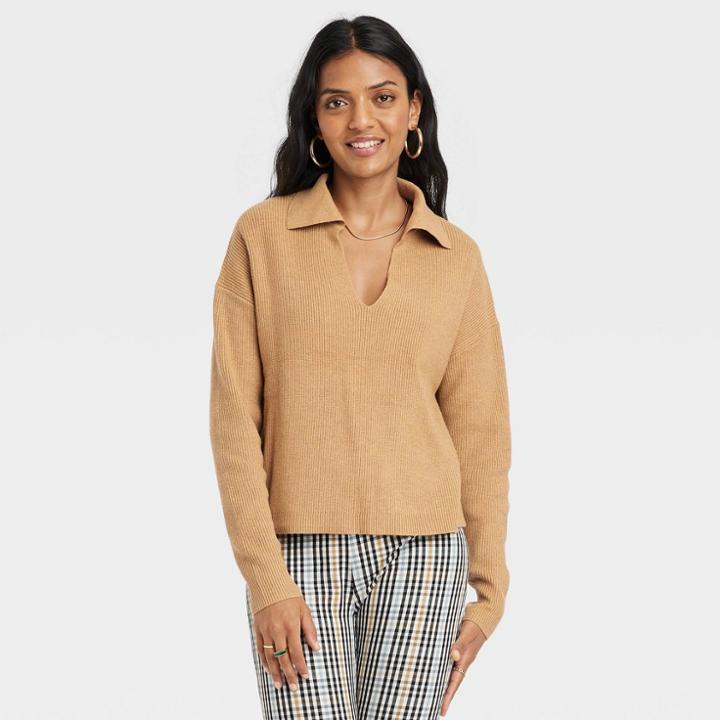 Women's Collared Polo Ribbed Pullover Sweater - A New Day Brown