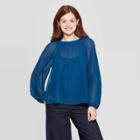 Women's Regular Fit Long Sleeve Crewneck Pleated Blouse - A New Day Blue