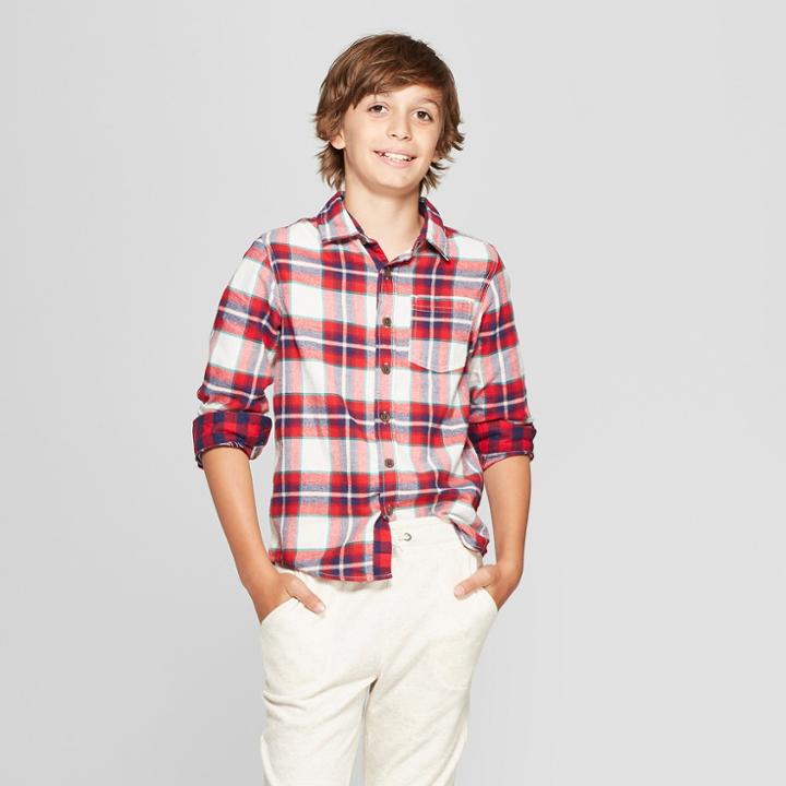 Boys' Classic Flannel Plaid Long Sleeve Button-down Shirt - Cat & Jack Red/white