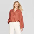 Women's Jacquard Regular Fit Long Sleeve V-neck Popover Blouse - A New Day Rust Xs, Women's, Red