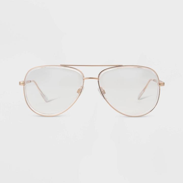 Women's Gloss Metal Aviator Blue Light Filtering Reading Glasses - Universal Thread Clear Gold