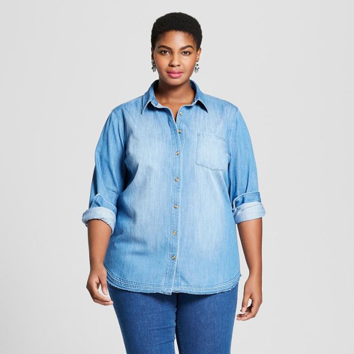 Women's Plus Size Textured Denim Long Sleeve Button-down Shirt - Ava & Viv Medium Wash X, Blue
