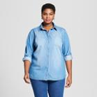 Women's Plus Size Textured Denim Long Sleeve Button-down Shirt - Ava & Viv Medium Wash X, Blue