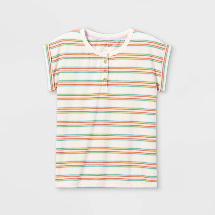 Girls' Short Sleeve Striped Henley T-shirt - Cat & Jack Cream