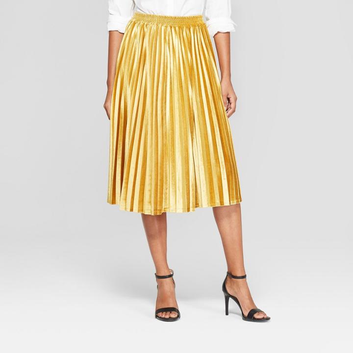 Women's Velvet Pleated Midi Skirt - A New Day Gold