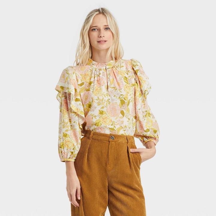 Women's Ruffle 3/4 Sleeve Lace Trim Blouse - Who What Wear Cream Floral Xs, Ivory Floral