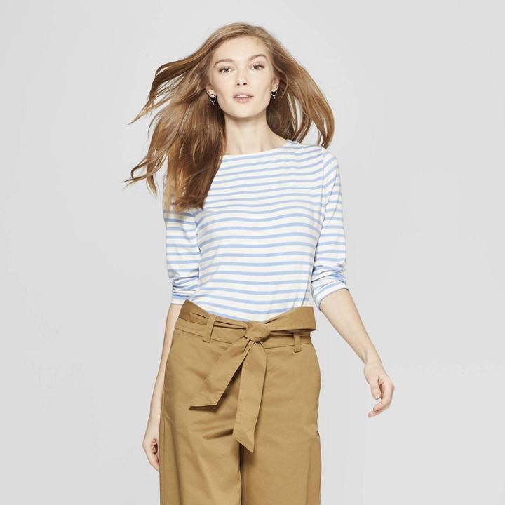 Women's Striped 3/4 Sleeve Clean Boat Neck T-shirt - A New Day White/light Blue