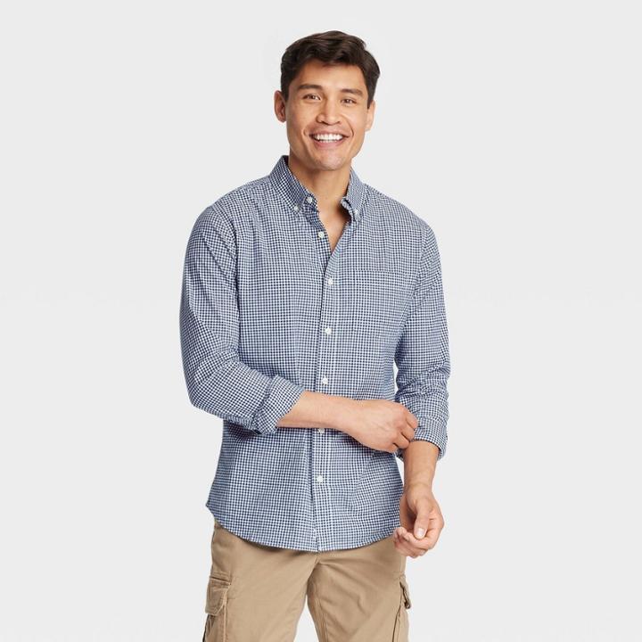 Men's Every Wear Long Sleeve Button-down Shirt - Goodfellow & Co Navy Gingham S, Blue Gingham
