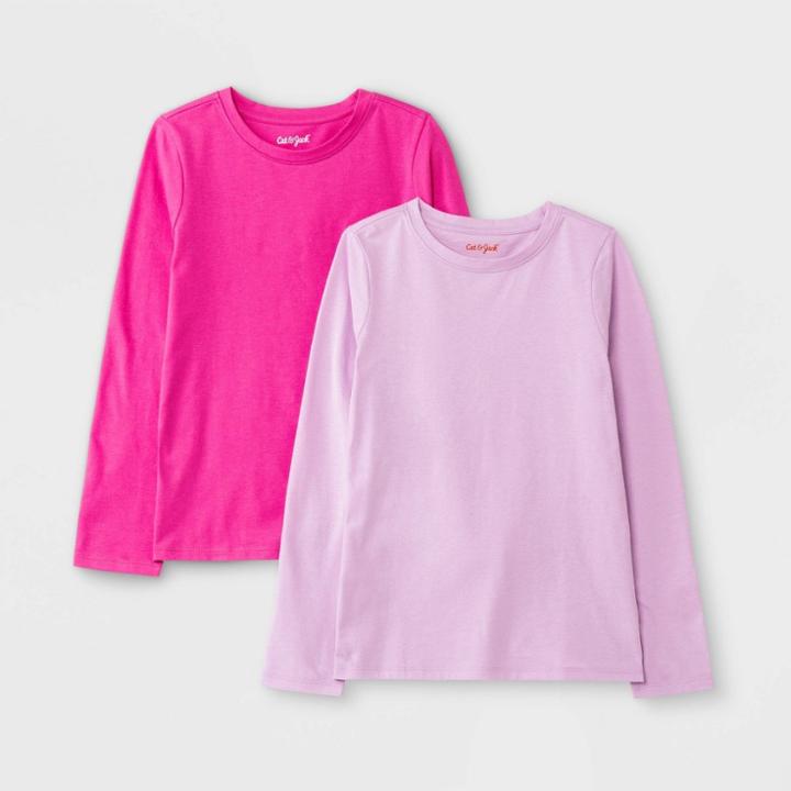 Girls' 2pk Solid Long Sleeve T-shirt - Cat & Jack Light Purple/bright Pink