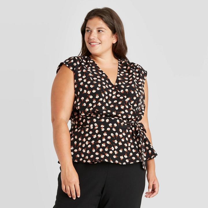 Women's Plus Size Floral Print Sleeveless Faux Wrap Blouse - Who What Wear Black