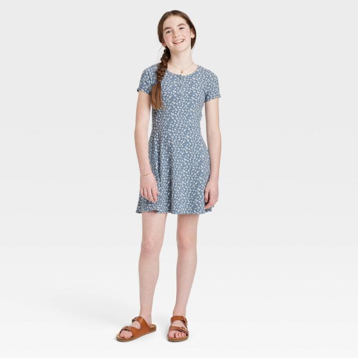 Girls' Henley Skater Dress - Art Class Light Blue Floral