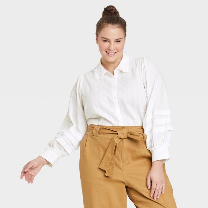 Women's Plus Size Bishop Long Sleeve Button-down Shirt - Who What Wear White