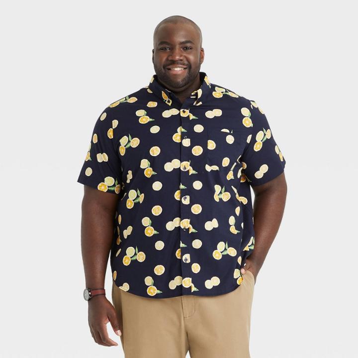 Men's Tall Printed Standard Fit Short Sleeve Button-down Shirt - Goodfellow & Co Dark Navy/lemon