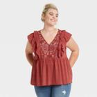 Women's Plus Size Embroidered Short Sleeve Double Ruffle Top - Knox Rose Rust