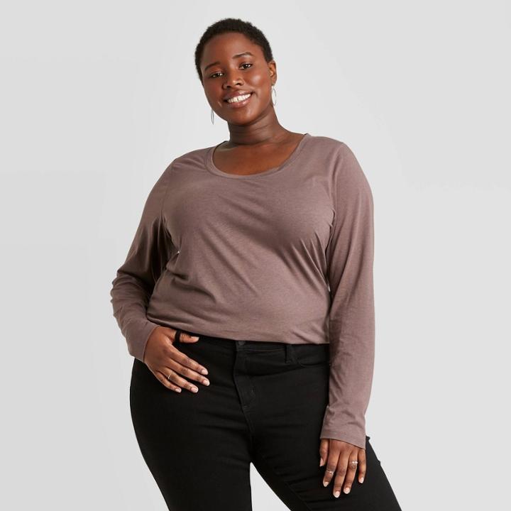 Women's Plus Size Long Sleeve Scoop Neck Essential Shirt - Ava & Viv Brown