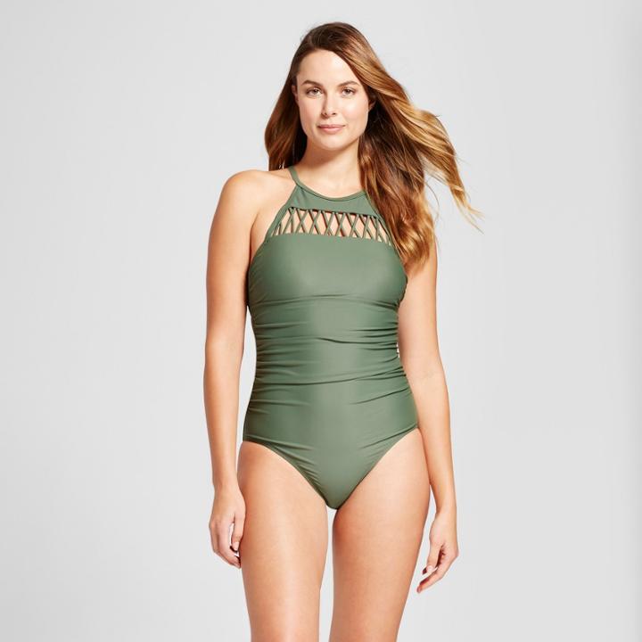 Women's Strappy Front High Neck One Piece - Merona Juniper Green