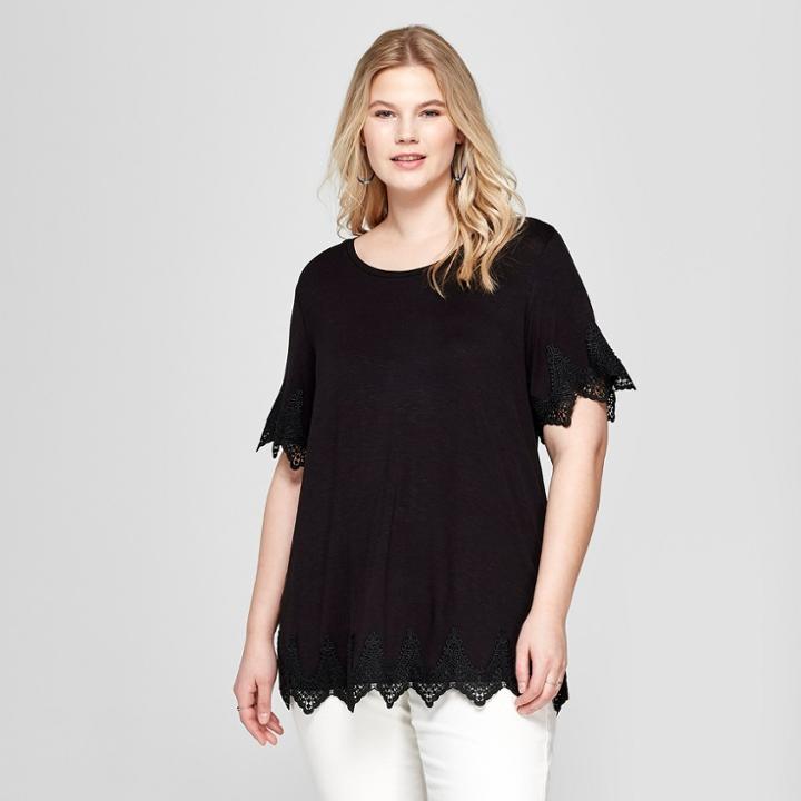 Women's Plus Size Eyelet Knit Short Sleeve T-shirt - Ava & Viv Black