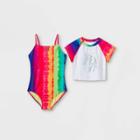 Girls' Silver Foil Unicorn Striped Short Sleeve One Piece Swimsuit Set - Cat & Jack