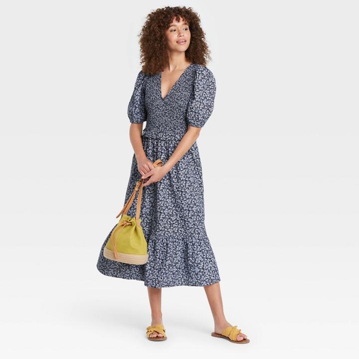 Women's Puff Short Sleeve Smocked Dress - Universal Thread Navy Xs Floral Print, Blue Floral