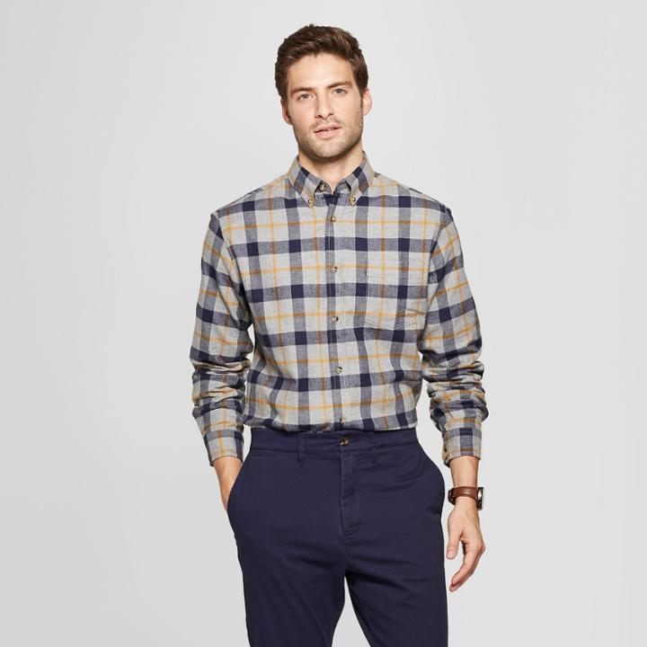 Men's Plaid Standard Fit Long Sleeve Pocket Flannel Collared Button-down Shirt - Goodfellow & Co Comet Gold