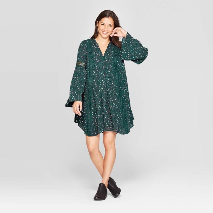 Women's Floral Print Long Sleeve Split Neck Mini Shirtdress - Knox Rose Green