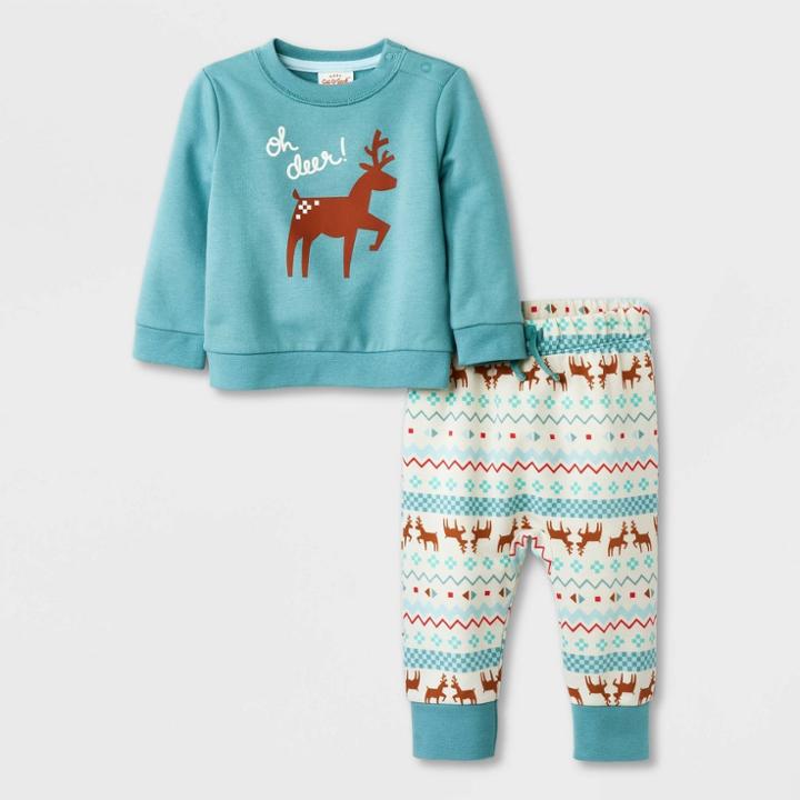 Baby Fair Isle Deer Fleece Top & Bottom Set - Cat & Jack Green Newborn