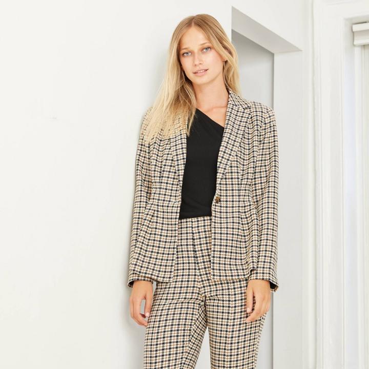 Women's Plaid Cinched And Pleated Blazer - Who What Wear Beige