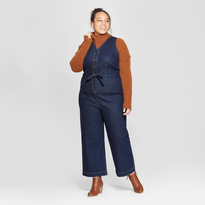 Women's Plus Size Button Front Jumpsuit With Belt - Universal Thread Dark Wash