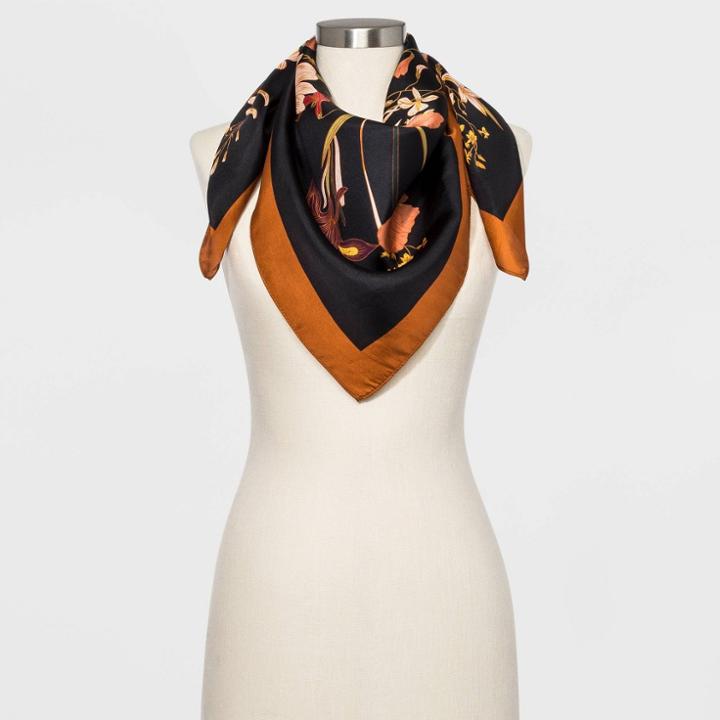 Women's Floral Print Silk Scarves - A New Day Black One Size, Women's