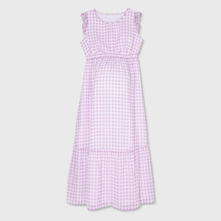Gingham Ruffle Cap Sleeve Woven Maternity Dress - Isabel Maternity By Ingrid & Isabel White/lilac