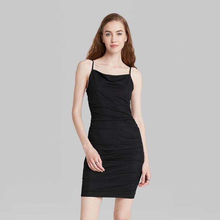 Women's Sleeveless Ruched Side Mesh Overlay Bodycon Dress - Wild Fable Black