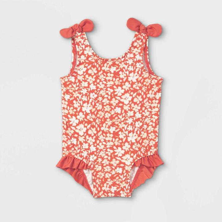 Baby Girls' Floral Print One Piece Swimsuit - Cat & Jack Rust