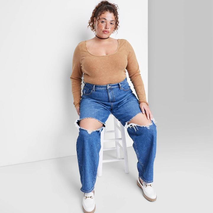 Women's Plus Size Long Sleeve Scoop Neck Ribbed T-shirt - Wild Fable Brown