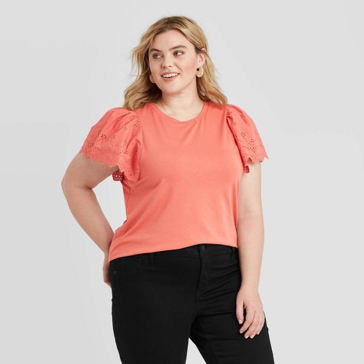 Women's Plus Size Ruffle Eyelet Short Sleeve Crewneck Blouse - Ava & Viv Red X, Women's