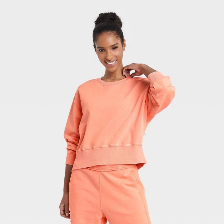 Women's French Terry Acid Wash Crewneck Pullover - Joylab Peach Orange