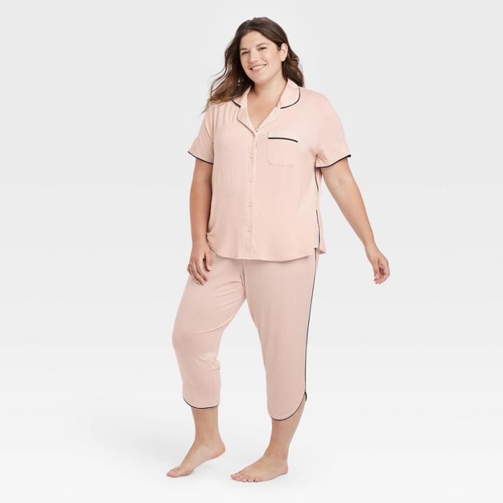 Women's Plus Size Beautifully Soft Notch Collar Cropped Pajama Set - Stars Above Pink