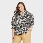 Women's Plus Size Puff Elbow Sleeve Button-down Shirt - Who What Wear Cream Floral 1x, Ivory Floral