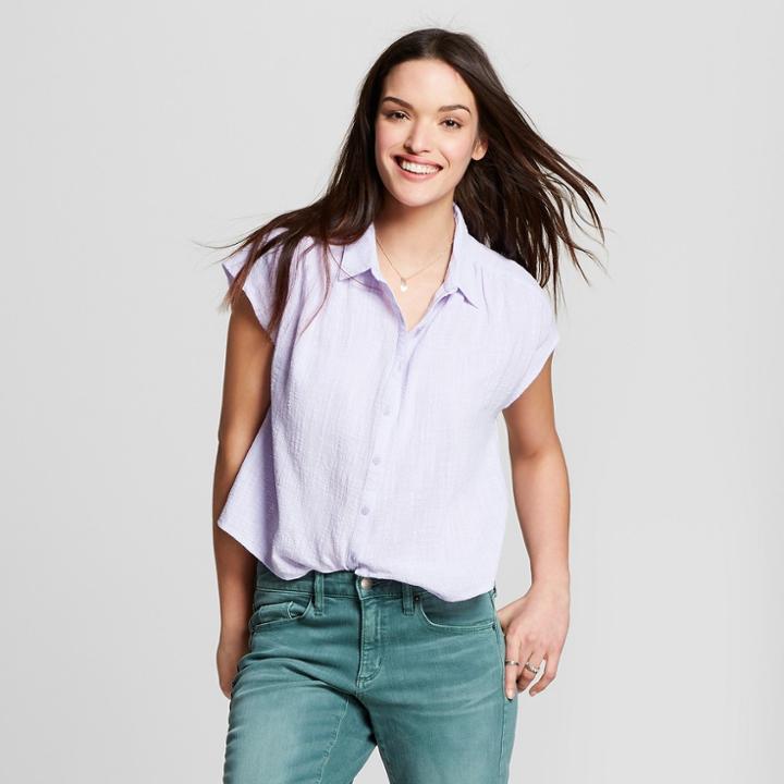 Women's Short Sleeve Drapey Button-down - Universal Thread Purple