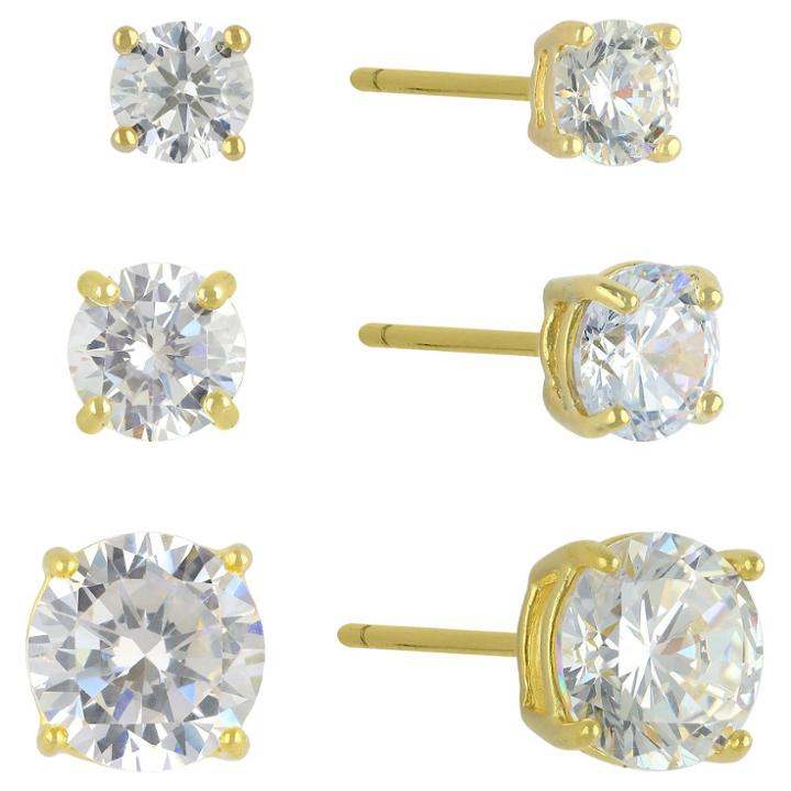 Target Cubic Zirconia Set Of 3 Round Stud Earrings With 14k Gold Plating In Sterling Silver - Gold, Gold/crystal