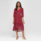 Women's Long Sleeve V-neck Hi Low Hem Midi Dress - Xhilaration Burgundy (red)
