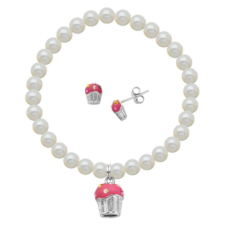 Target Children's Sterling Silver White Shell Pearl And Cz Owl Stud And Bracelet Combo Set, Girl's, Natural